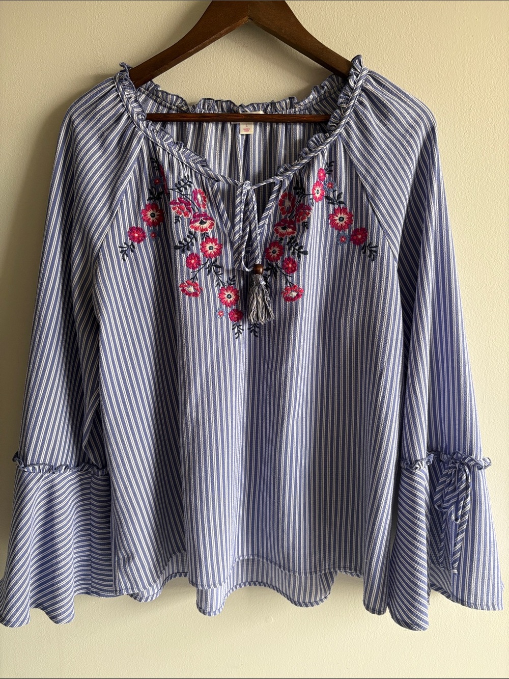 Xhilaration Blue White Striped Embroidered Peasant Blouse Bell Sleeve Boho Top L
